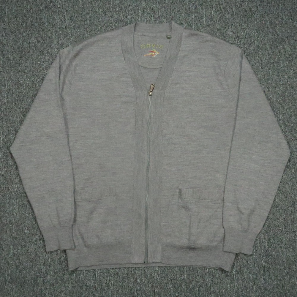 Orvis Sweater Mens Large Gray Merino Full Zip V Neck Wool Cardigan‎ Pockets